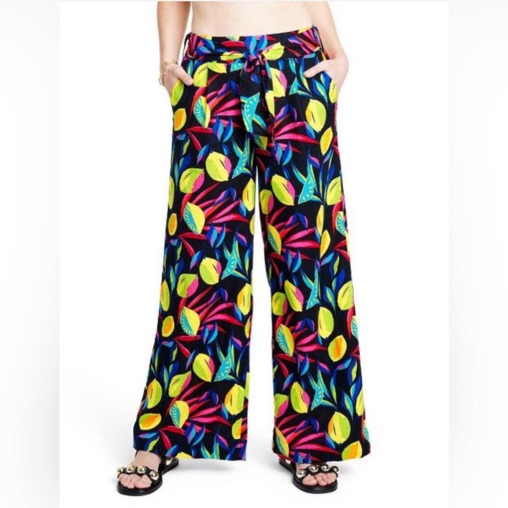 Women’s Lemon Print Wide-Leg Pants Tabitha Brown for Target Linen Neon XS EUC